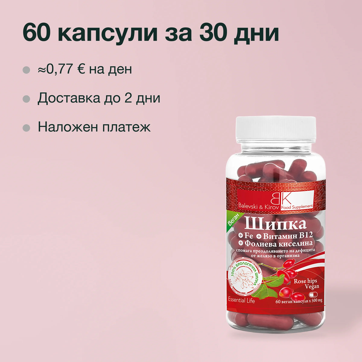 Шипка, желязо, фолиева киселина и B12: 60 капсули за 30 дни